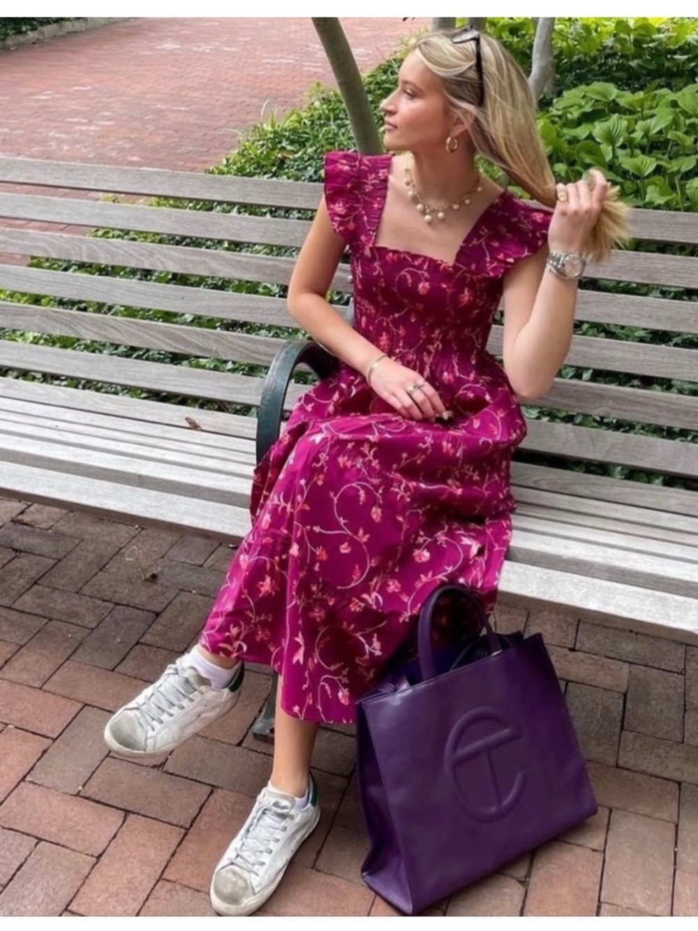 Hill House Ellie Burgundy Pink Floral Nap Midi Dress XL Smocked Tiered Like New - Picture 6 of 13